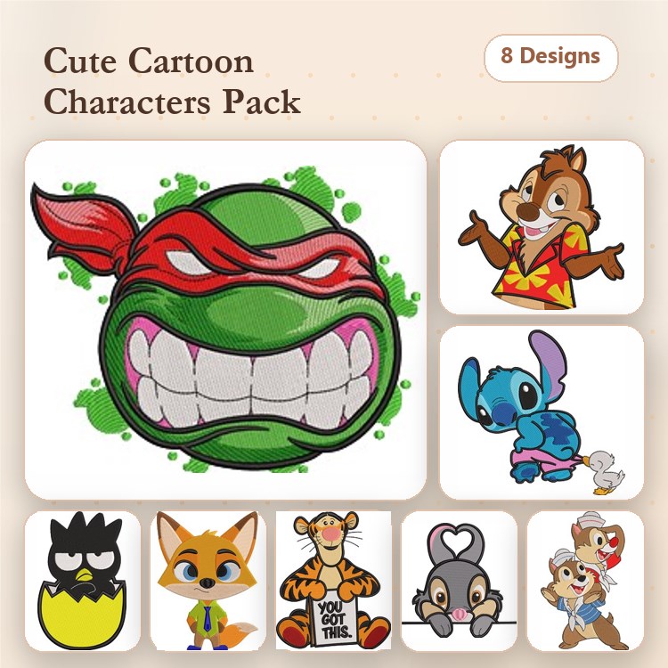 Cute Cartoon Embroidery Bundle – Ninja Turtle, Chipmunk Character, Stitch Character & More (8 Designs)