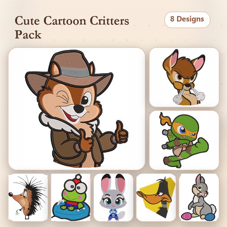 Cartoon Animal Characters Embroidery Designs Bundle – Winking Chipmunk, Ninja Turtle, Squirrel & More (8 Designs)