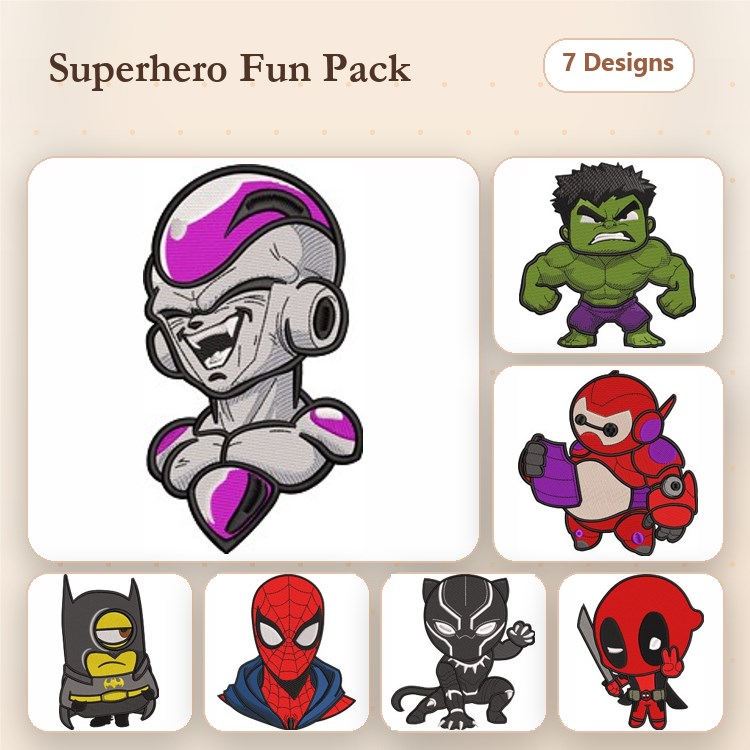 Superhero Characters Embroidery Designs Bundle – Heroic Robot, Hulk, Spider-Man, Batman & More (7 Designs)