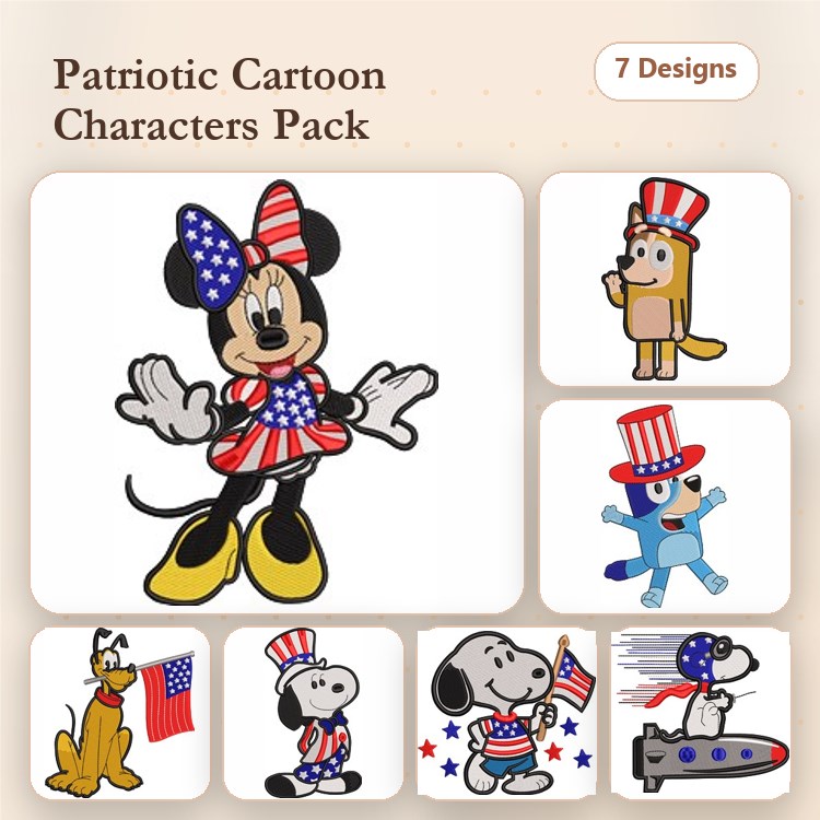Patriotic Cartoon Characters Embroidery Designs Bundle – Minnie Mouse, Snoopy, Pluto & More (7 Designs)