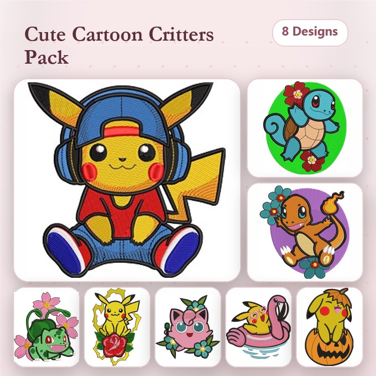 Cartoon Animal Characters Embroidery Bundle – Pikachu with Headphones, Squirtle, Charmander & More (8 Designs)
