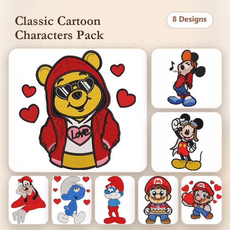 Classic Cartoon Characters Embroidery Designs Bundle – Cool Hoodie Bear, Mickey Mouse, Mario & More (8 Designs)