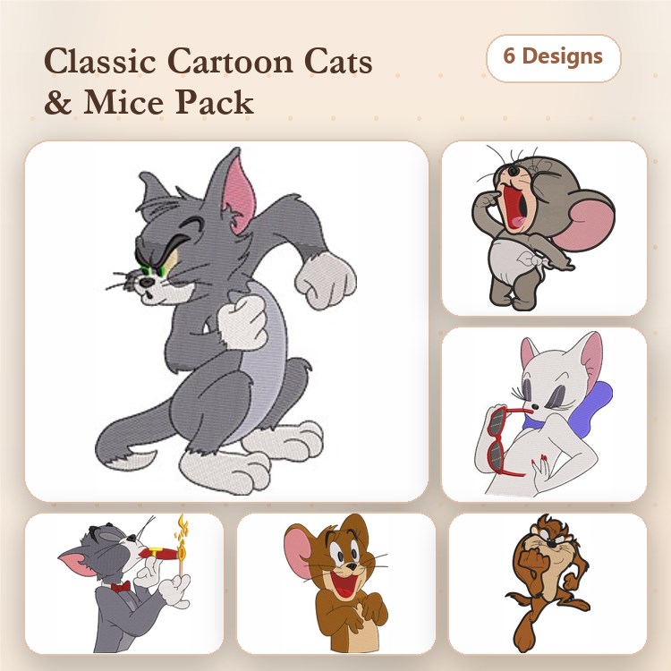 Classic Cartoon Characters Embroidery Bundle – Tom Cat, Jerry Mouse, Tom with Firecracker & More (6 Designs)