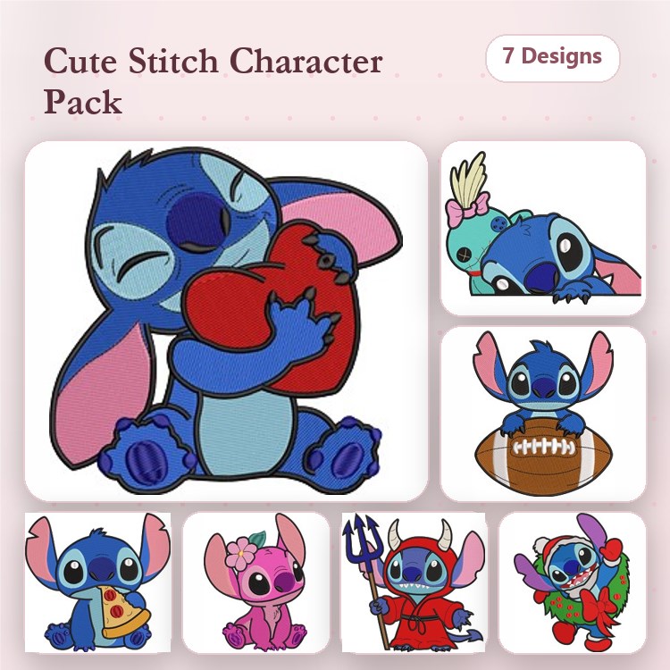 Cute Character Embroidery Designs Bundle – Stitch with Heart, Stitch as Devil, Stitch Playing & More (7 Designs)