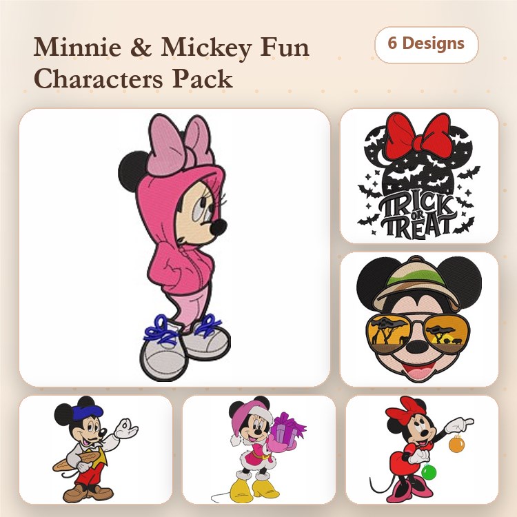 Minnie & Mickey Mouse Embroidery Designs Bundle – Pink Hoodie, Treats, Halloween & More (6 Designs)