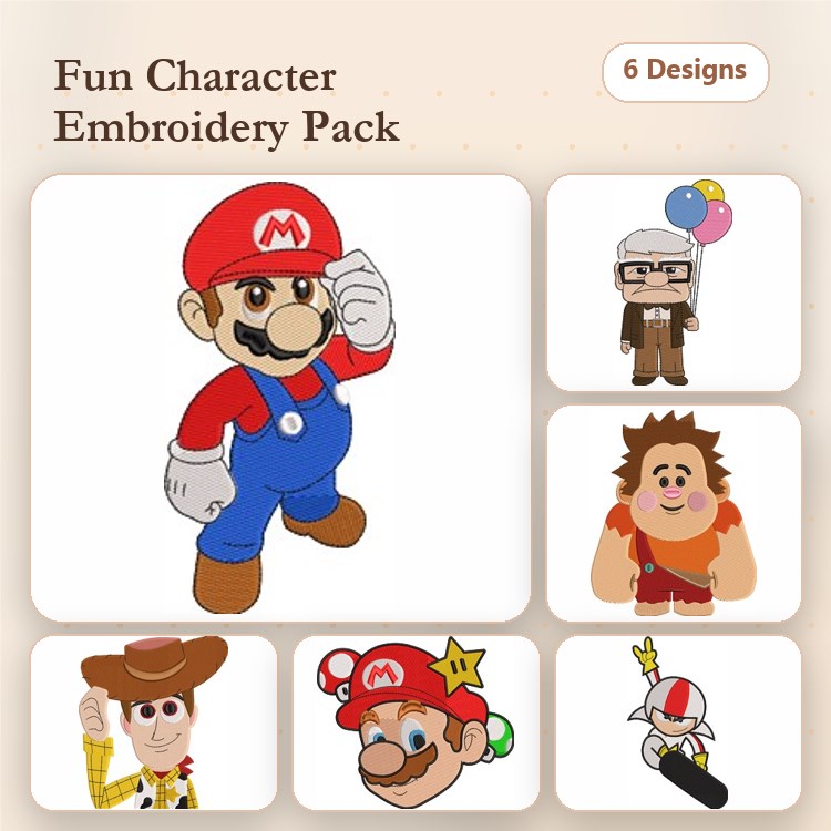 Fun Character Embroidery Designs Bundle – Mario, Woody, Carl Fredricksen, Pikachu & More (6 Designs)