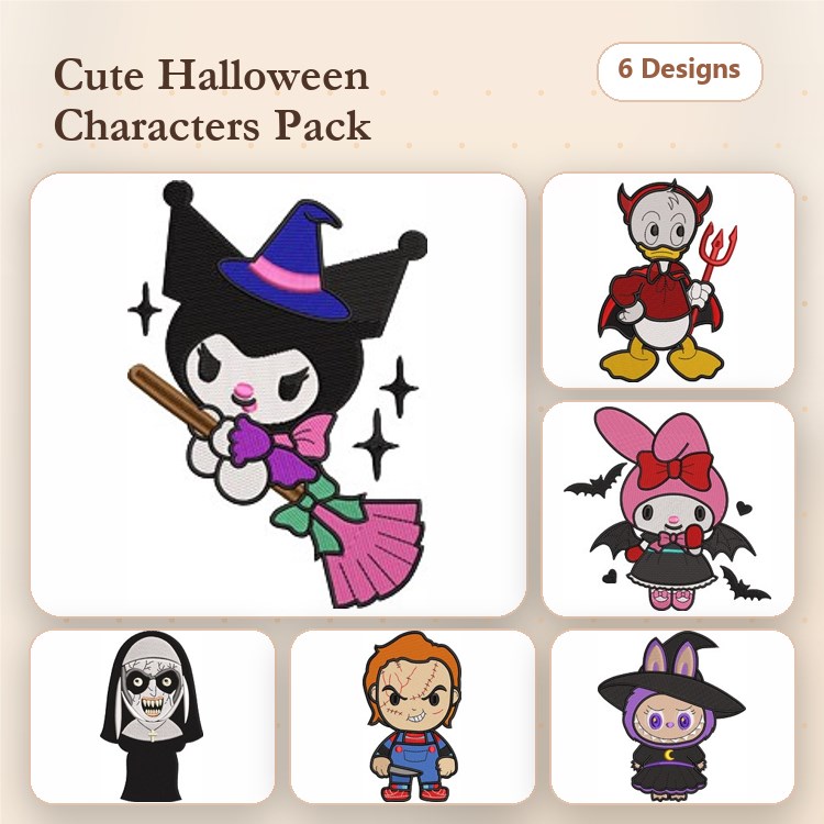 Halloween Characters Embroidery Designs Bundle – Witch, Devil, Ghost, Bat & More (6 Designs)