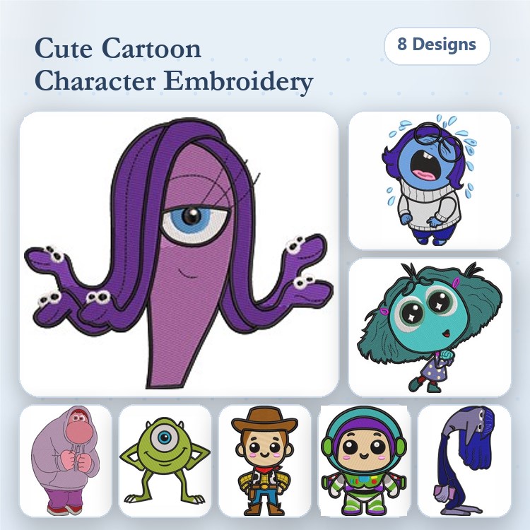 Cute Cartoon Characters Embroidery Designs Bundle – Purple Octopus, Sad Blue Character, Pink Gorilla & More (8 Designs)