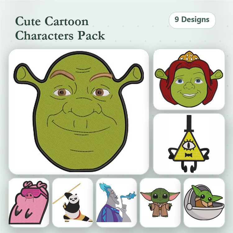 Cute Cartoon Characters Embroidery Designs Bundle – Shrek, Fiona, Bill Cipher & More (9 Designs)
