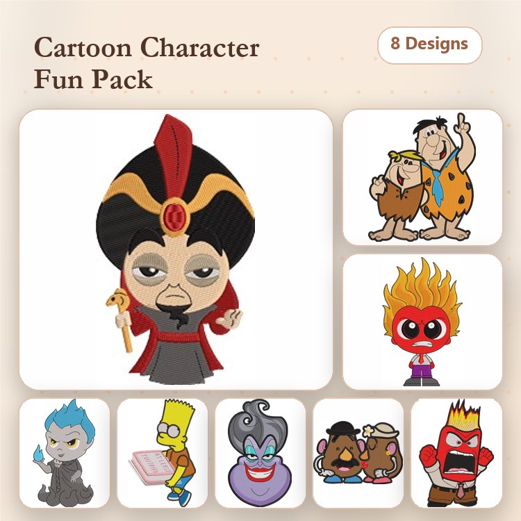Cartoon Characters Embroidery Designs Bundle – Jafar, Fred Flintstone, Hades & More (8 Designs)