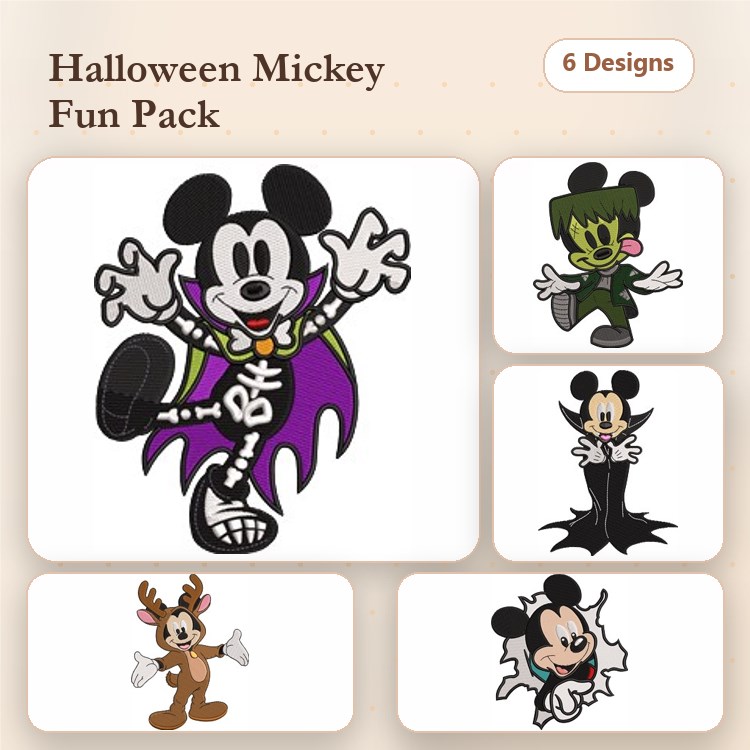 Mickey Mouse Halloween Embroidery Designs Bundle – Vampire, Frankenstein, Pumpkin & More (6 Designs)
