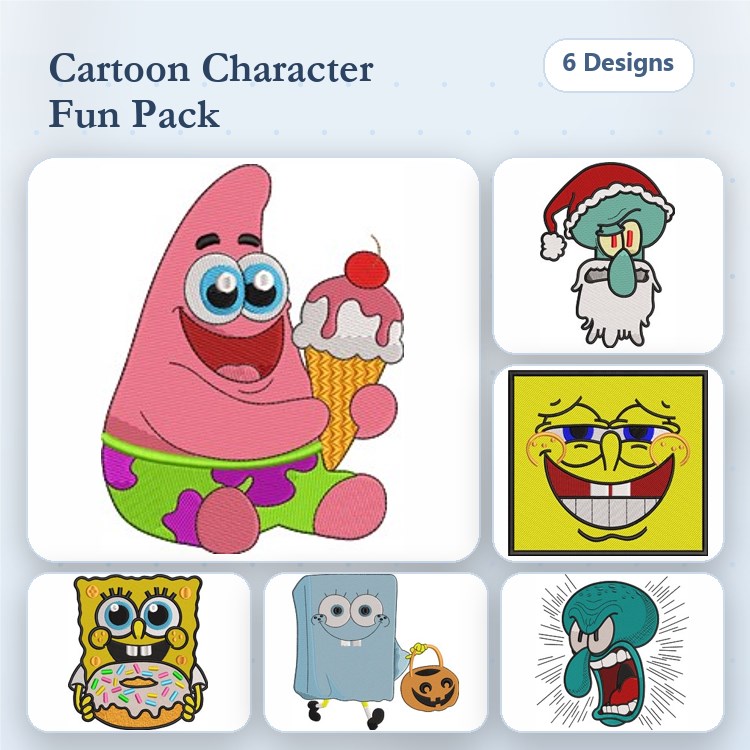 Cartoon Characters Embroidery Bundle – Patrick Star, Santa Squidward, Halloween Ghost & More (6 Designs)