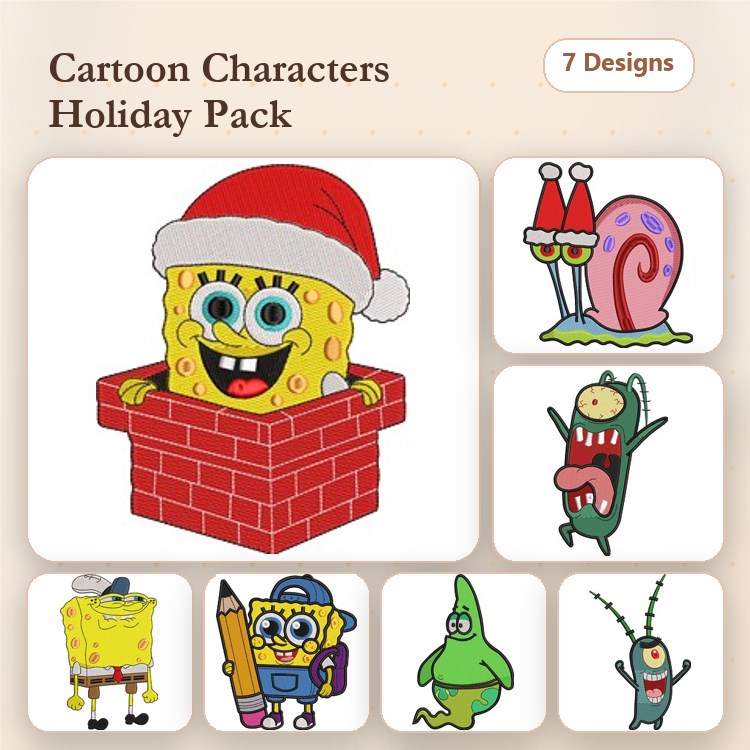 SpongeBob SquarePants Holiday Embroidery Designs Bundle – Santa Hat SpongeBob, Patrick Star, Gary the Snail & More (7 Designs)