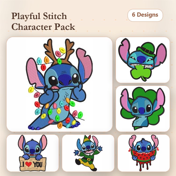 Stitch Holiday Embroidery Designs Bundle – Christmas Lights, Shamrock, I Love You Sign & More (6 Designs)