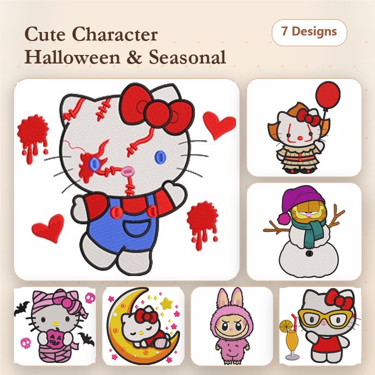 Hello Kitty Halloween Embroidery Designs Bundle – Zombie Hello Kitty, Snowman, Bunny Hello Kitty & More (7 Designs)