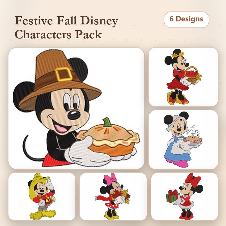 Festive Fall Disney Characters Embroidery Designs Bundle – Mickey & Minnie with Pies, Pumpkin, Gifts & More (6 Designs)