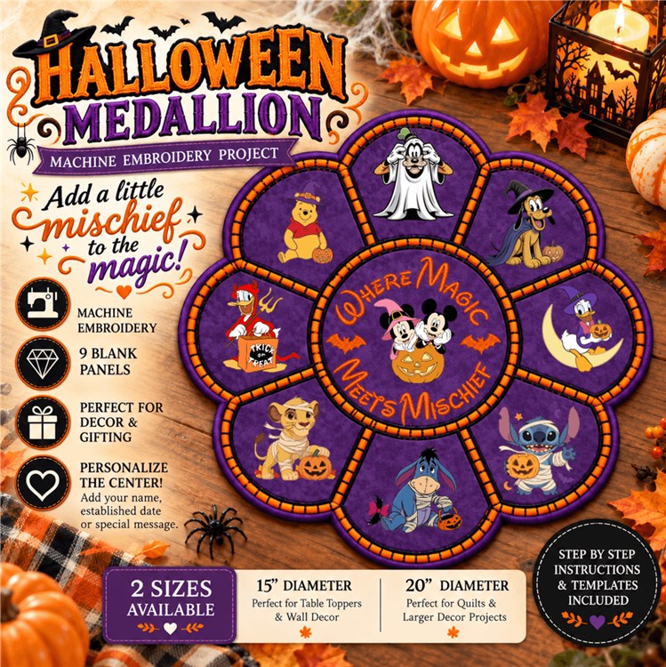 Disney Halloween Medallion Embroidery Designs Bundle - Daisy,Donald,Eeyore & More (9 Designs)