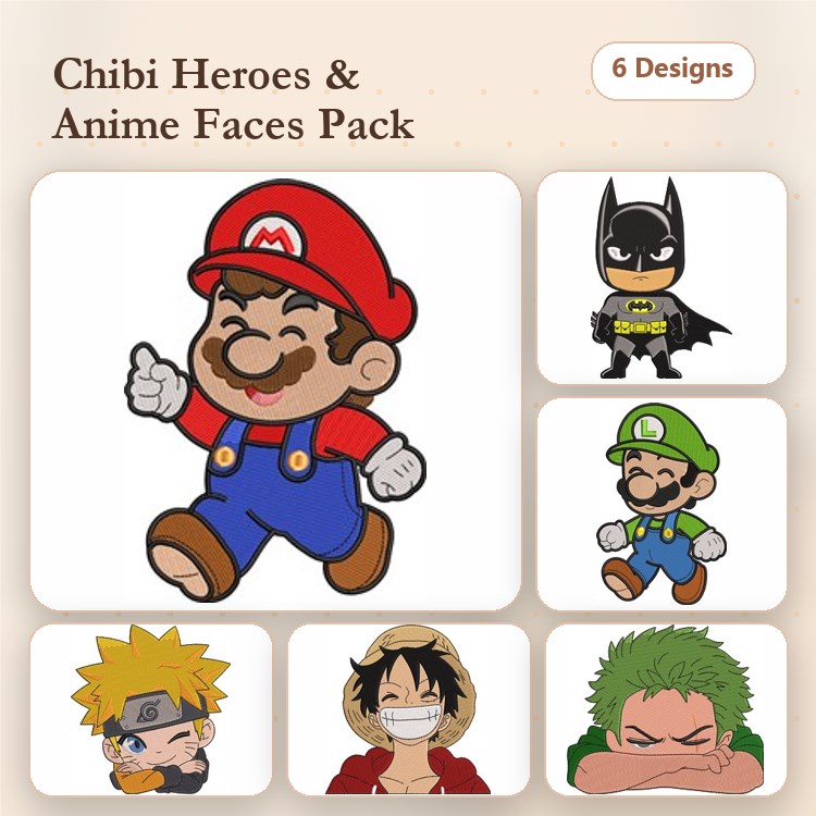 Chibi Heroes and Anime Faces Embroidery Bundle – Chibi Mario, Chibi Batman, Chibi Naruto & More (6 Designs)
