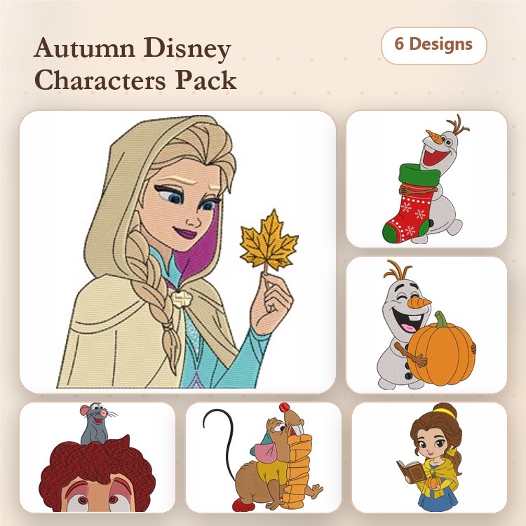 Disney Characters Embroidery Designs Bundle – Elsa with Leaf, Olaf with Pumpkin, Remy the Rat & More (6 Designs)