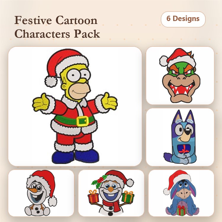 Festive Cartoon Characters Embroidery Bundle – Santa Homer, Eeyore, Christmas Olaf & More (6 Designs)