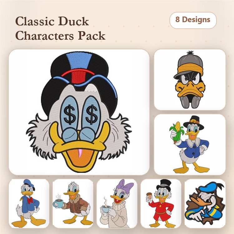 Classic Duck Characters Embroidery Designs Bundle – Donald Duck, Scrooge McDuck, Daisy Duck & More (8 Designs)