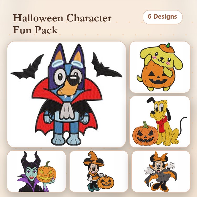 Halloween Characters Embroidery Designs Bundle – Vampire Dog, Maleficent, Pumpkin Dog & More (6 Designs)