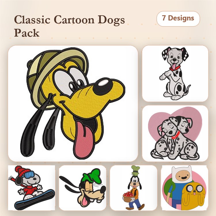 Disney Character Embroidery Bundle – Pluto, Dalmatian, Goofy & Friends (7 Designs)