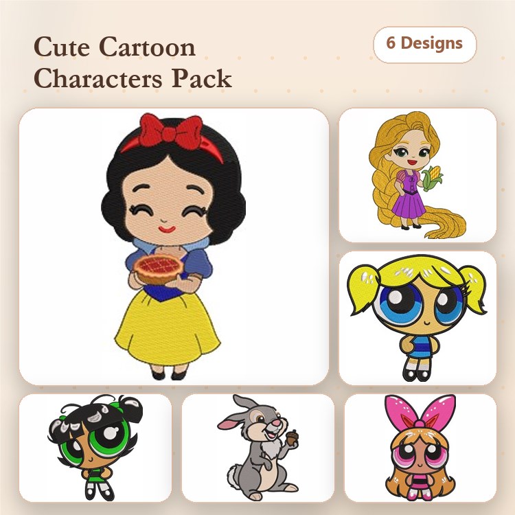 Cartoon Characters Embroidery Designs Bundle – Snow White, Rapunzel, Bubbles & More (6 Designs)