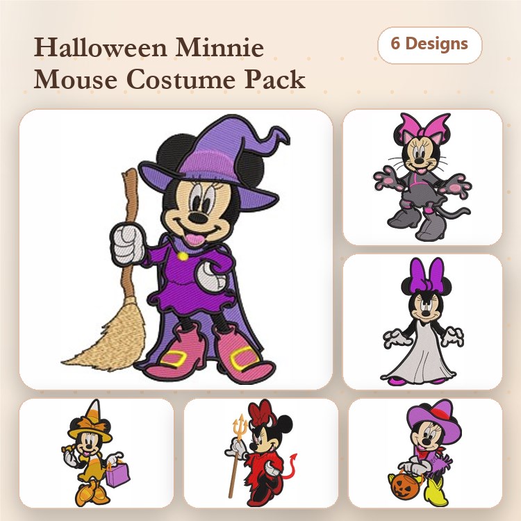 Halloween Minnie Mouse Embroidery Designs Bundle – Witch, Ghost, Pumpkin & More (6 Designs)