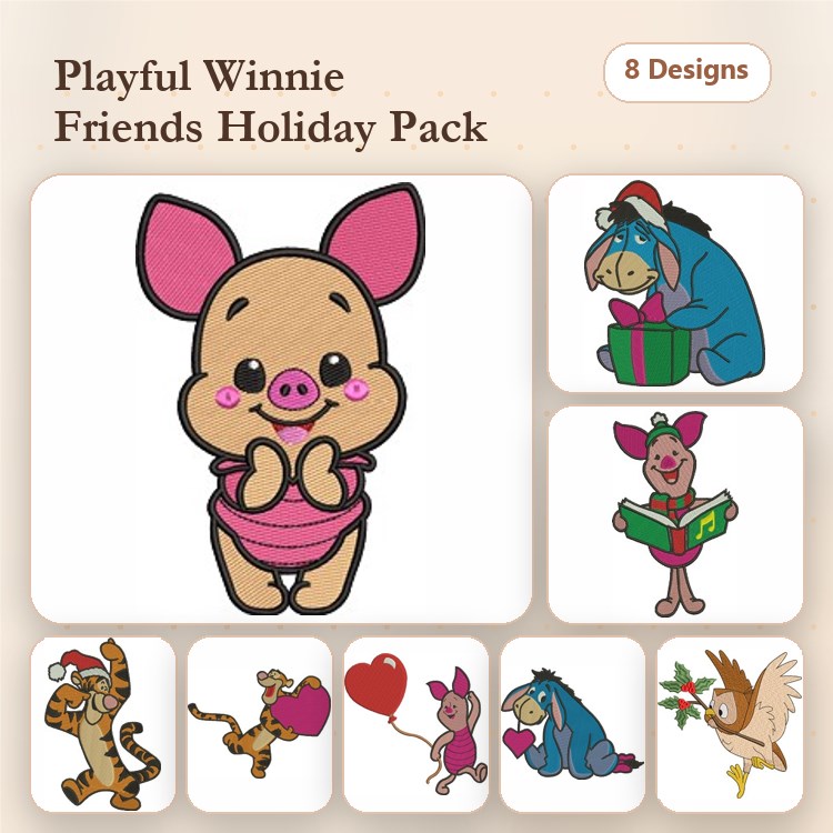 Winnie the Pooh Characters Embroidery Designs Bundle – Piglet, Eeyore with Gift, Tigger with Heart & More (8 Designs)