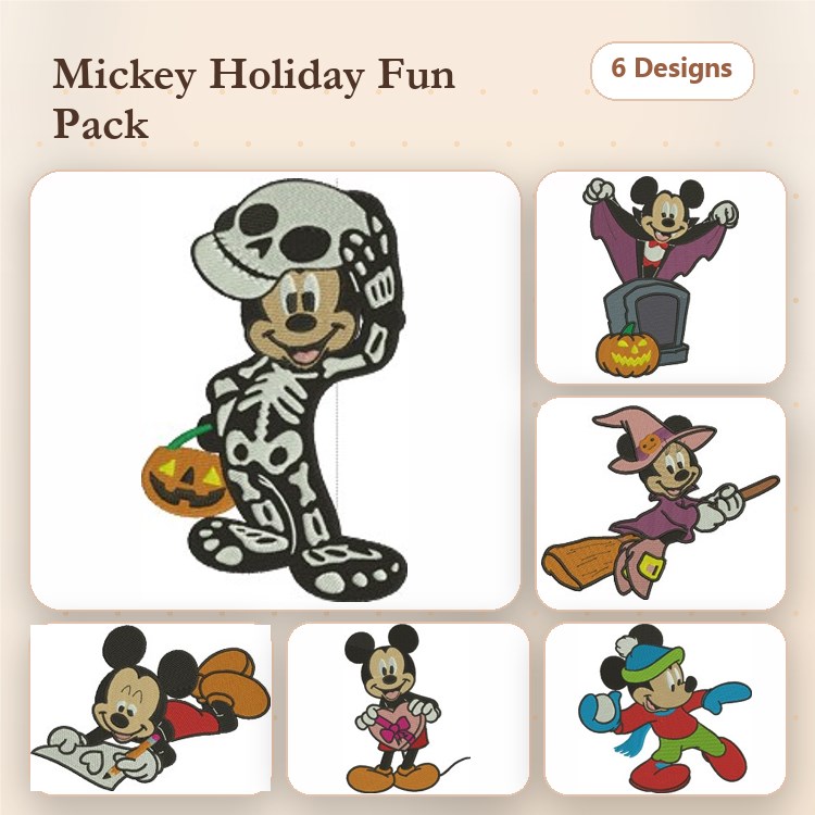 Mickey Mouse Halloween Embroidery Designs Bundle – Skeleton, Vampire, Witch & More (6 Designs)