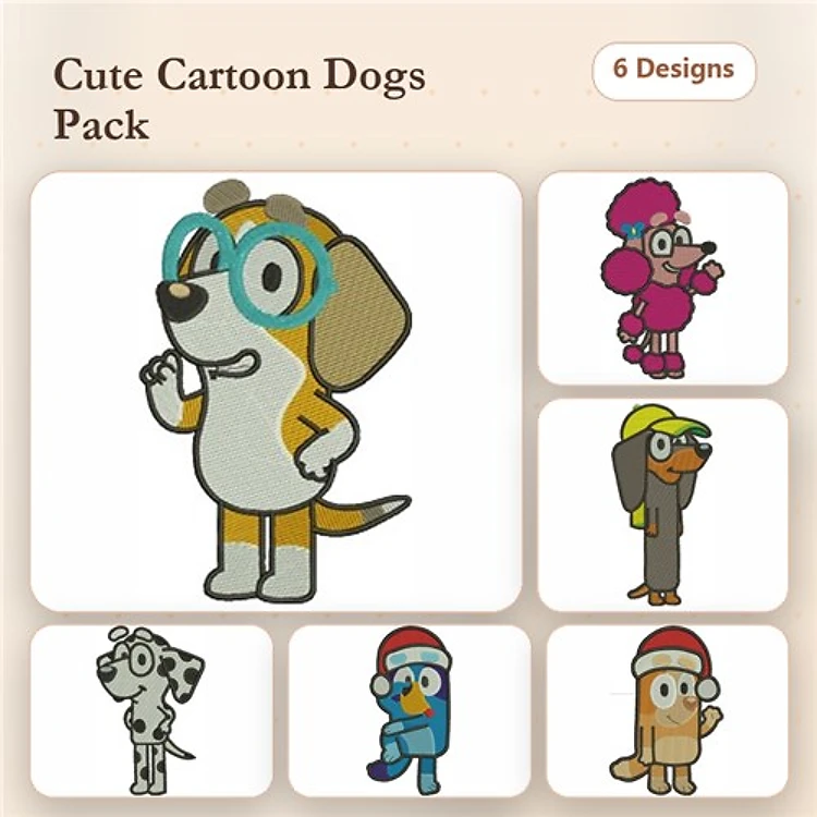 Bluey Embroidery Designs Bundle – Bluey, Bingo, Coco, Snickers & More Characters (6 Designs)
