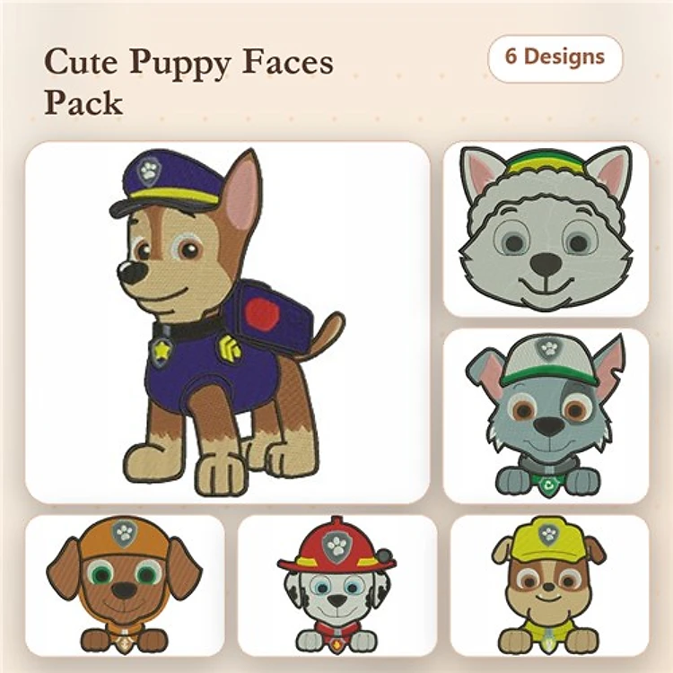 Paw Patrol Character Embroidery Bundle – Marshall, Chase, Rubble, Rocky, Zuma & More (6 Designs)