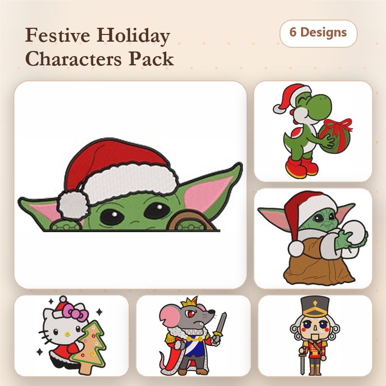 Holiday Characters Embroidery Designs Bundle – Baby Yoda, Yoshi, Hello Kitty, Mouse King & More (6 Designs)