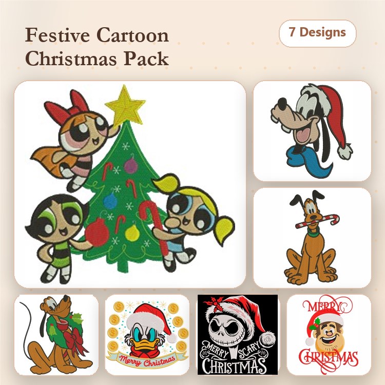 Festive Cartoon Characters Embroidery Designs Bundle – Powerpuff Girls, Santa Goofy, Scooby-Doo & More (7 Designs)