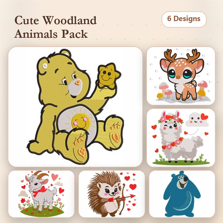 Cute Woodland Animals Embroidery Bundle – Bear with Star, Deer with Mushrooms, Llama with Flowers & More (6 Designs)