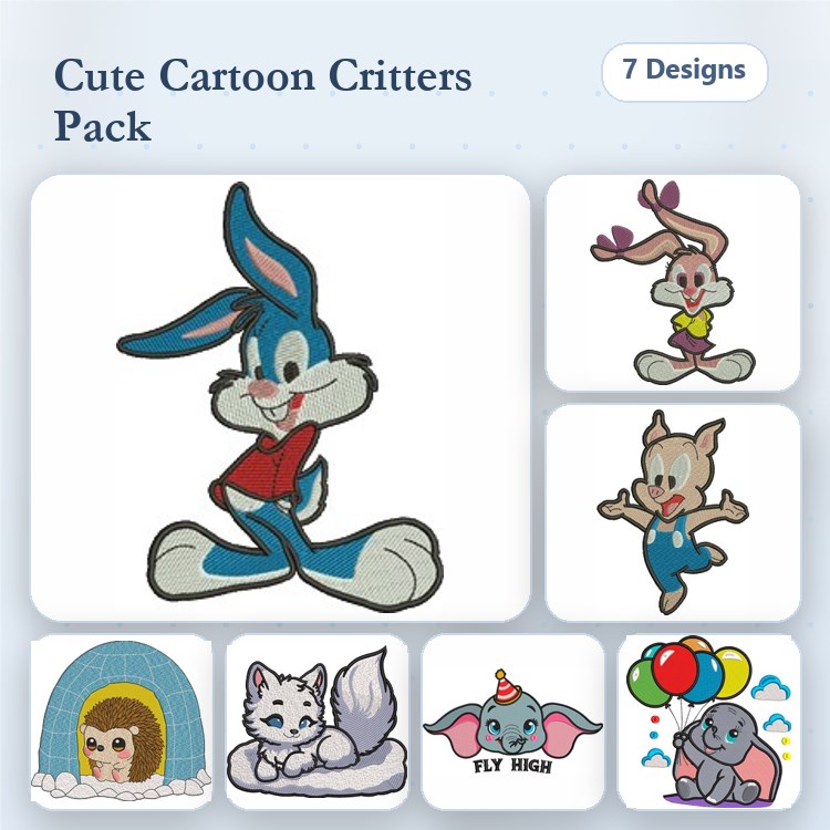 Cartoon Animal Characters Embroidery Bundle – Bunny, Monkey, Elephant & More (7 Designs)
