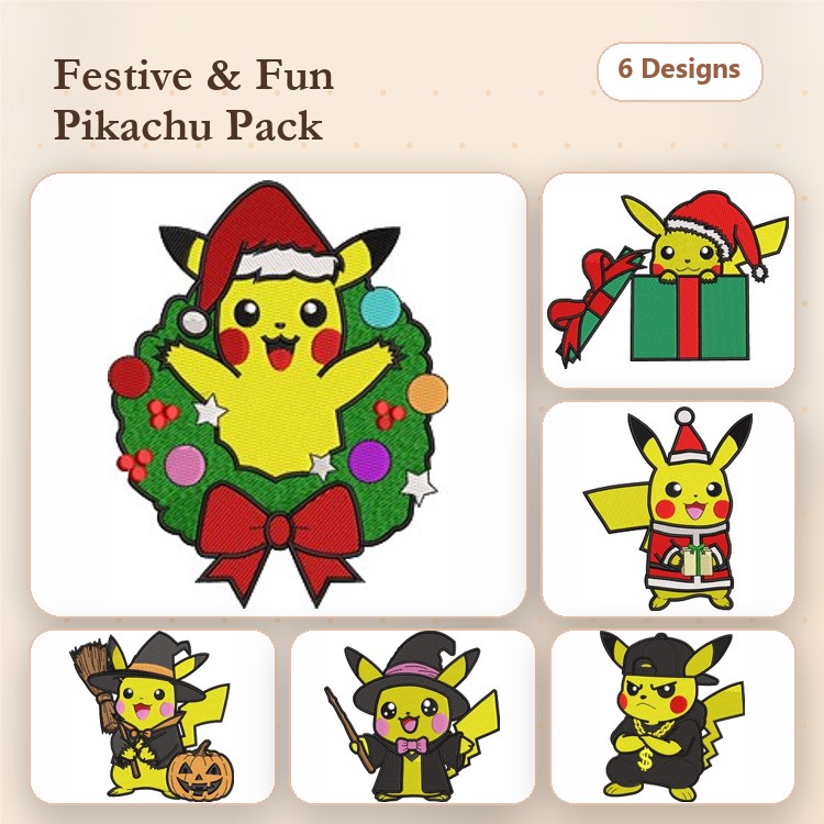 Festive Pikachu Embroidery Bundle – Christmas Wreath, Santa Costume, Trick or Treat Pumpkin & More (6 Designs)