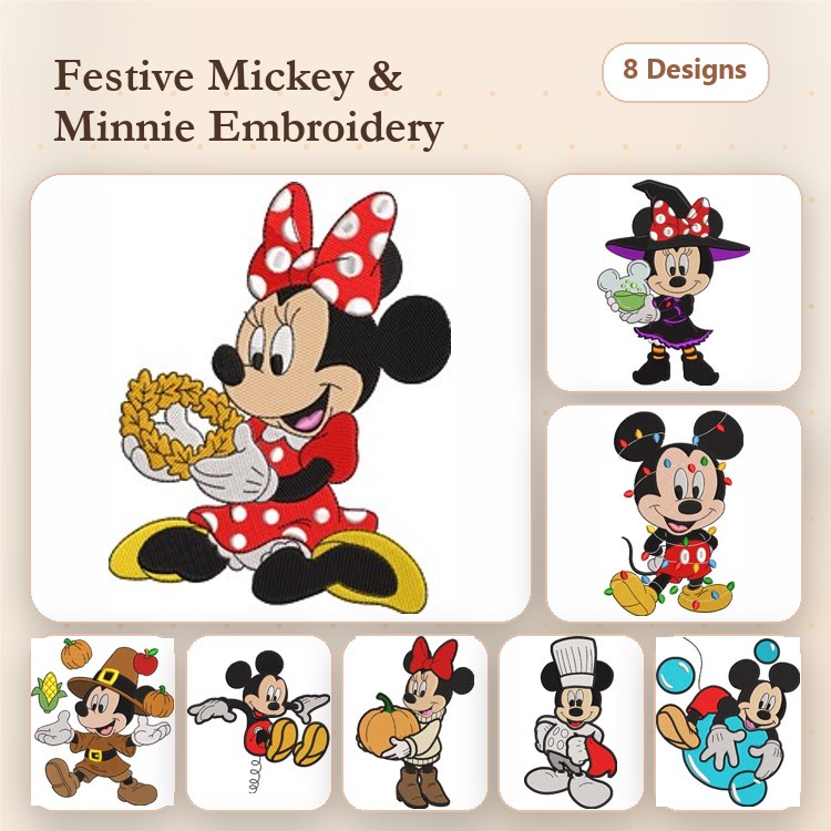 Festive Mickey and Minnie Embroidery Designs Bundle – Minnie with Wreath, Mickey as Chef, Pumpkin & More (8 Designs)