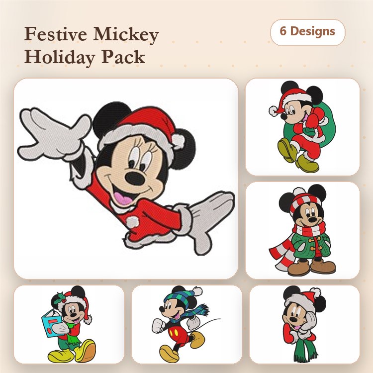 Festive Mickey Mouse Embroidery Bundle – Santa Outfit, Winter Scarf, Gift & More (6 Designs)