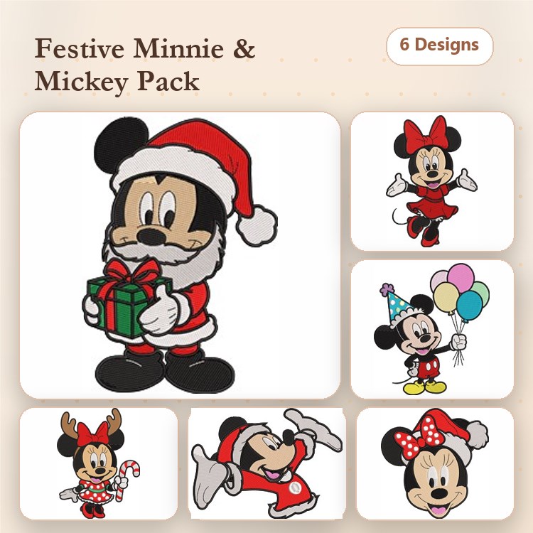 Mickey & Minnie Christmas Characters Embroidery Designs Bundle – Festive Gifts, Hats, Bows & More (6 Designs)