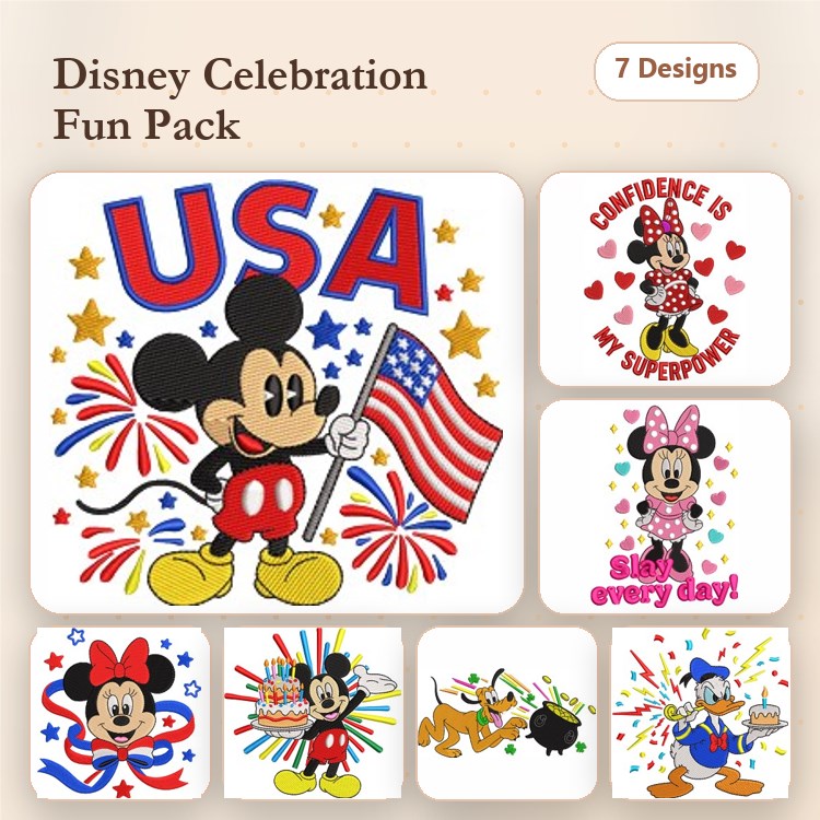 Disney Celebration Embroidery Designs Bundle – Mickey Mouse with USA Flag, Minnie Mouse with Super Power, & More (7 Designs)