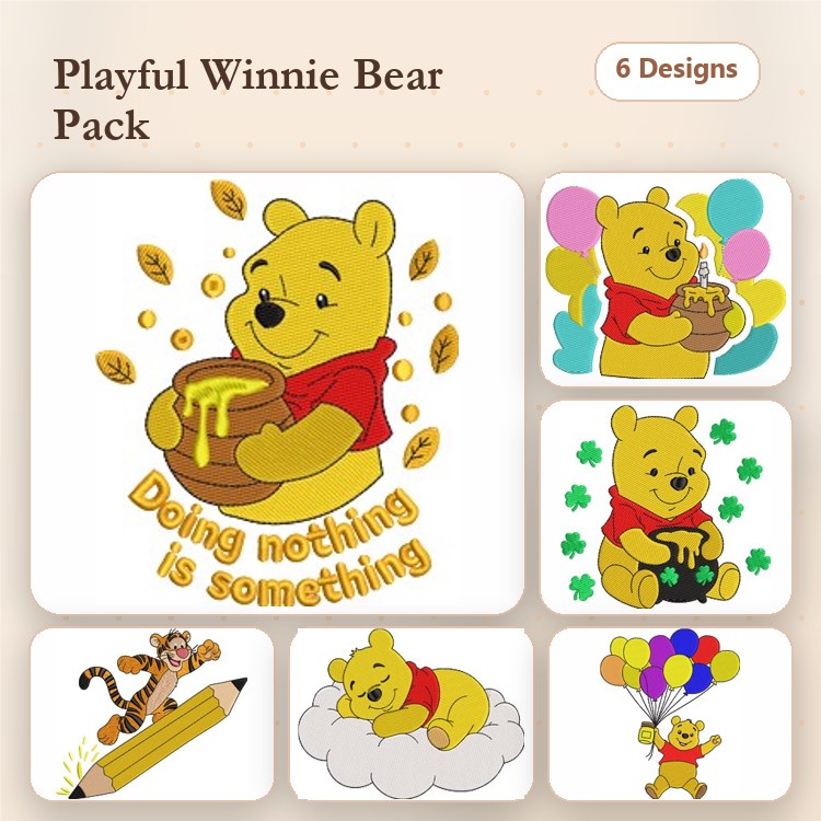 Winnie the Pooh Embroidery Designs Bundle – Pooh with Honey Pot, Pooh with Balloons, Tigger with Pencil & More (6 Designs)