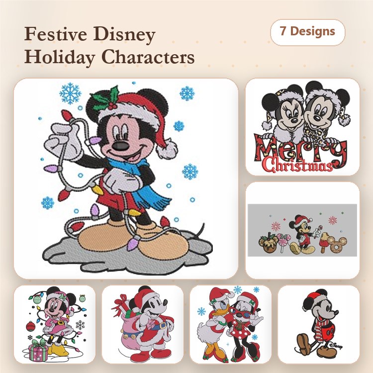 Disney Holiday Characters Embroidery Bundle – Minnie and Mickey with Gifts, Decorating Tree & More (7 Designs)