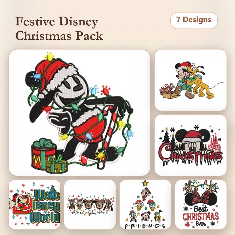 Mickey Mouse Christmas Embroidery Designs Bundle – Holiday Lights, Gifts, Santa Hat & More (7 Designs)
