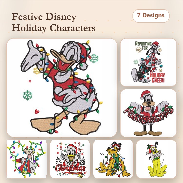 Festive Disney Holiday Characters Embroidery Designs Bundle – Donald Duck, Goofy, Mickey Mouse & More (7 Designs)