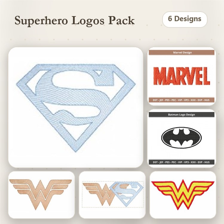 Superhero Logos Embroidery Designs Bundle – Superman, Wonder Woman, Batman & More (6 Designs)