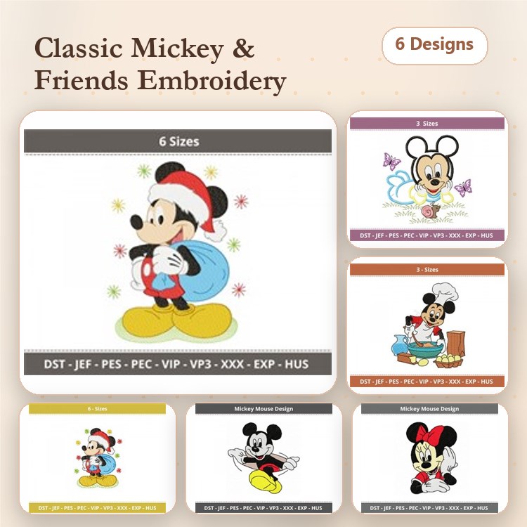 Mickey Mouse & Friends Embroidery Designs Bundle – Mickey with Bag, Mickey on a Swing, Minnie Face & More (6 Designs)