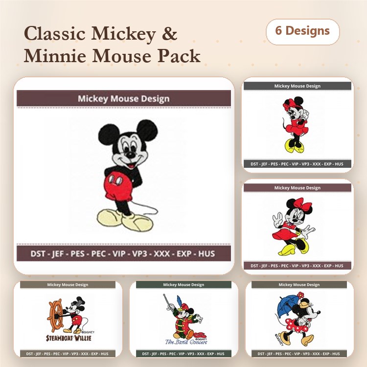 Mickey & Minnie Mouse Embroidery Designs Bundle – Mickey Mouse, Minnie Mouse with Polka Dots, & More (6 Designs)