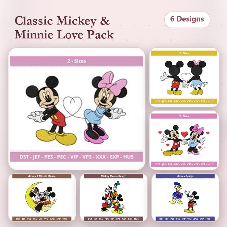 Mickey & Minnie Valentine Embroidery Bundle – Heart Moments, Dancing Duo, Smiling Cuties & More (6 Designs)